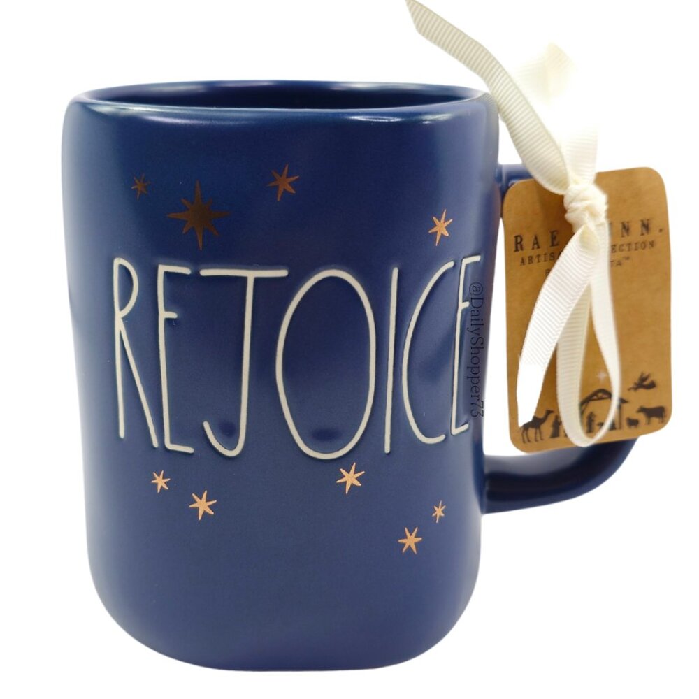 Rae Dunn "Rejoice" Festive Dark Blue Ceramic Coffee Mug